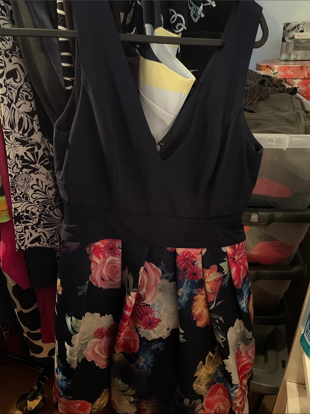 ☀️ SUMMER CLEARANCE 🛍️ Xscape Navy Bodice Floral Skirt Fit-and-Flare Dress